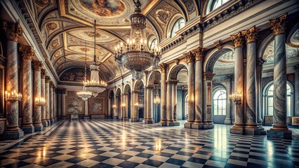 Obraz premium Majestic opulent palace hall with ornate chandeliers, marble floors, and intricate columns, bathed in soft monochrome tones, evoking a sense of mystery and abandoned grandeur.
