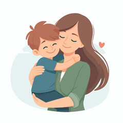 mother holds her son with care and love. Happy Mothers Day concept with mom and small boy. Vector illustration
