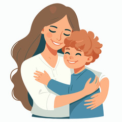 mother holds her son with care and love. Happy Mothers Day concept with mom and small boy. Vector illustration