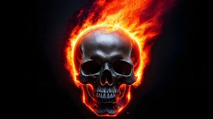 Fiery Human Skull on black background. Generative ai illustration of skull in fire.