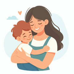 mother holds her son with care and love. Happy Mothers Day concept with mom and small boy. Vector illustration