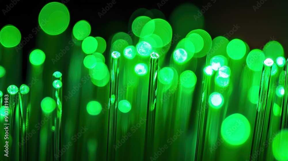 Poster Bright green fiber optic cables emit glowing light in a dimly lit environment, creating a captivating display of color and texture