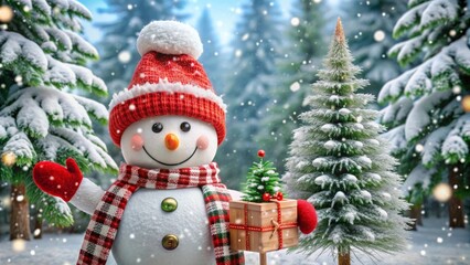 Snowman in Santa Hat Holding Gift Box Amidst Snow-Covered Trees and Falling Snow