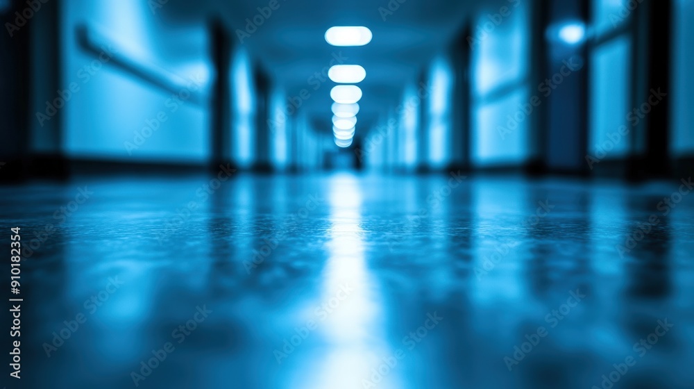 Poster a long, empty hallway showcases blue lighting casting reflections on the polished floor, creating an