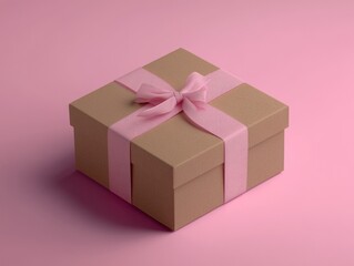 Fototapeta premium A beautifully wrapped gift box with a pink bow on a pink background, perfect for birthday or celebration scenes