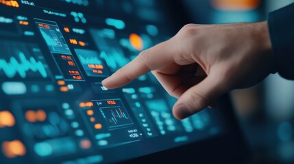 Business Analyst Interacting with Financial Data on a Digital Screen..