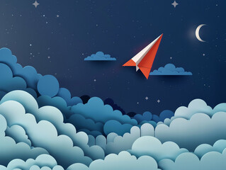 Abstract of little paper plane flying through cloud at night, paper art concept and travel idea. 