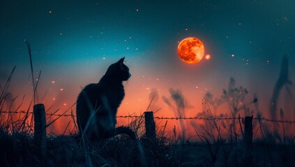 Fototapeta premium Mysterious Black Cat Gazing at Lunar Orange Moon on Fence, 3D Cinematic Rendering with Red and Green Tones