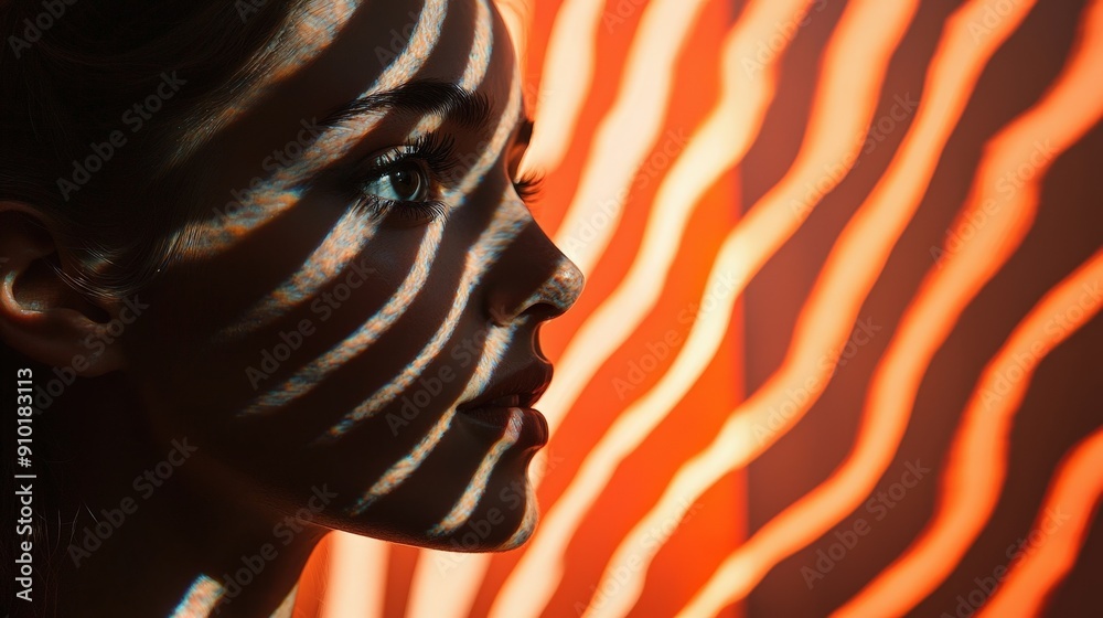 Poster a woman’s profile is illuminated by dramatic shadows created by patterned light, set against a vibra
