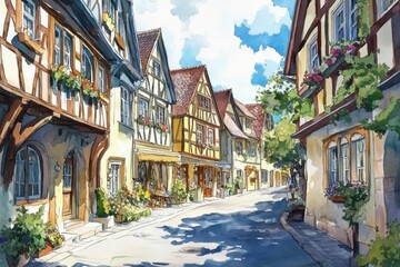 Obraz premium Charming street lined with colorful half-timbered houses, adorned with flowers and greenery, under a bright blue sky.
