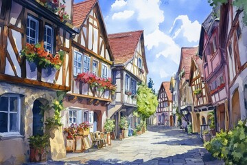 Obraz premium Charming street view of traditional houses adorned with flowers in a picturesque village under a blue sky with fluffy clouds.