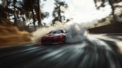 A red sports car skillfully drifts on a winding road, leaving clouds of tire smoke as sunlight filters through surrounding trees.