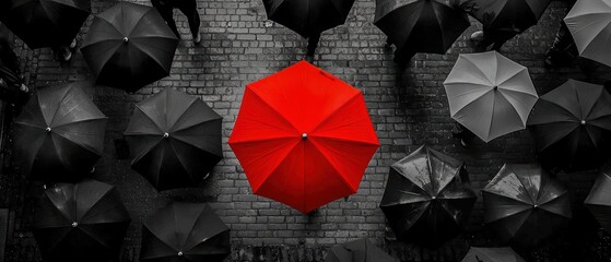 Monochrome crowd with one vibrant red umbrella, Daring to be different, Breaking the norm