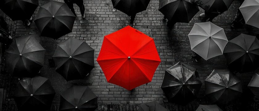 Monochrome crowd with one vibrant red umbrella, Daring to be different, Breaking the norm
