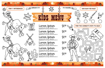 Wild West themed kids menu with fun activities for kids. Vector file for printing measuring 17x11 inches.