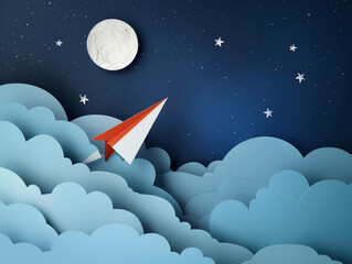 Abstract of little paper plane flying through cloud at night, paper art concept and travel idea. 