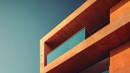 Fototapeta premium Modern architectural facade with a balcony against a clear blue sky, showcasing sleek lines and a contemporary design aesthetic