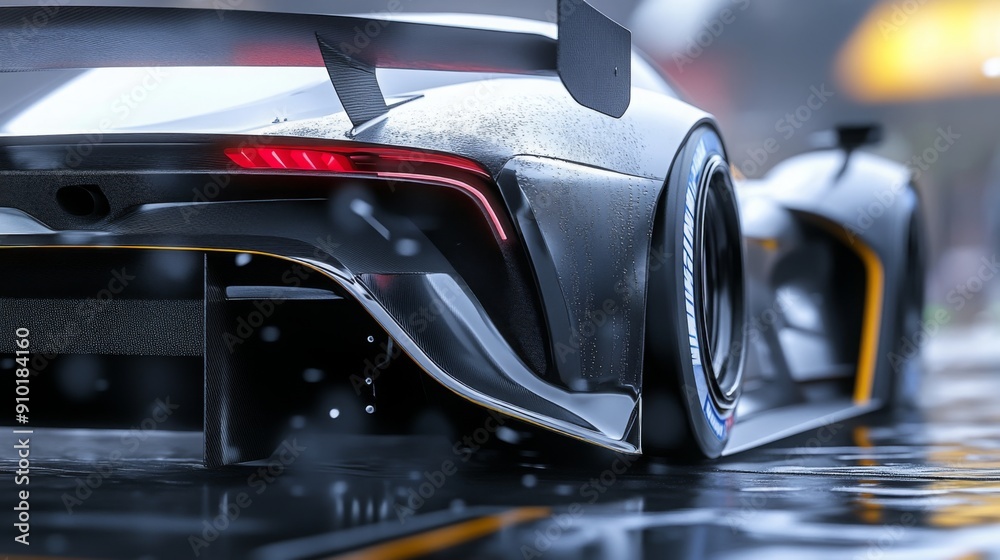 Poster a sleek race car showcases its aerodynamic design while navigating a rain-soaked track, droplets shi