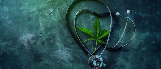 Stethoscope forming a heart shape with a cannabis leaf inside Cardiology and cannabis