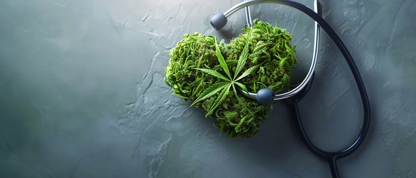Stethoscope forming a heart shape with a cannabis leaf inside Cardiology and cannabis