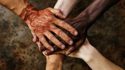 Close-up of interlocked hands of diverse individuals, symbolizing unity and detailed skin textures