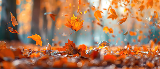 Close up of orange leaves on branches, foliage of trees, with bokeh, lights on blurred background. Scenic autumn, fall landscape with sunlight. Copy space. Generative ai