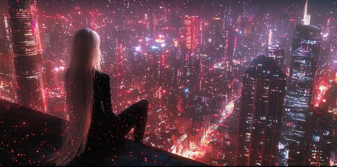 A woman with long hair sits on a ledge overlooking a vibrant city filled with glowing neon lights and towering skyscrapers during a rainy night