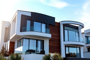 A contemporary home with large glass windows and wooden accent walls stands brightly under clear blue skies