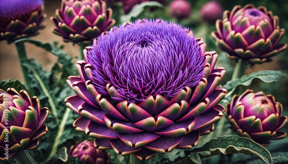 Sticker Stunning purple artichokes are blooming prominently in a lush garden, showcasing their unique, spiky, and intricate petals under the warm sunlight