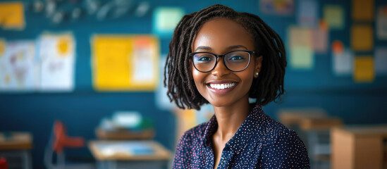 smiling african american teacher with glasses against background of classroom, woman, September 1, back to school, education, knowledge, people, portrait, professional, professor, work, chalk board