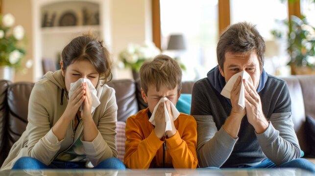 Three family members sneezing simultaneously, using tissues to cover their noses, indicating illness or allergies.
