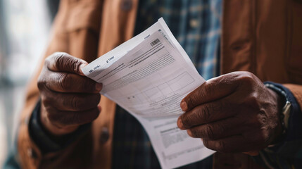 Naklejka premium Close-up of a personâs hand holding a ballot, capturing the detailed paper and hand textures