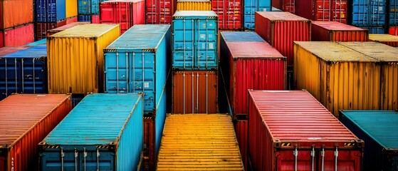 Fototapeta premium Shipping port filled with stacked containers, illustrating the complexities of global trade and logistics