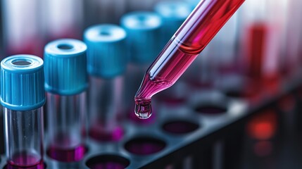 A scientist uses a pipette to transfer a precise amount of liquid into test tubes arranged neatly at a laboratory workstation