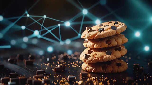 Cookies stack on dynamic blue data and nodes background. Online privacy, data protection, and internet security. Accept Website cookie concept.