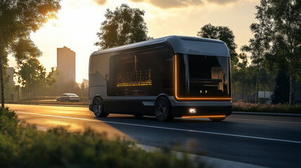 Obraz premium A modern delivery van on a clean road, showcasing advanced transport systems