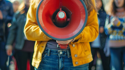 Close-up of a protester holding a megaphone, symbolizing activism and detailed textures