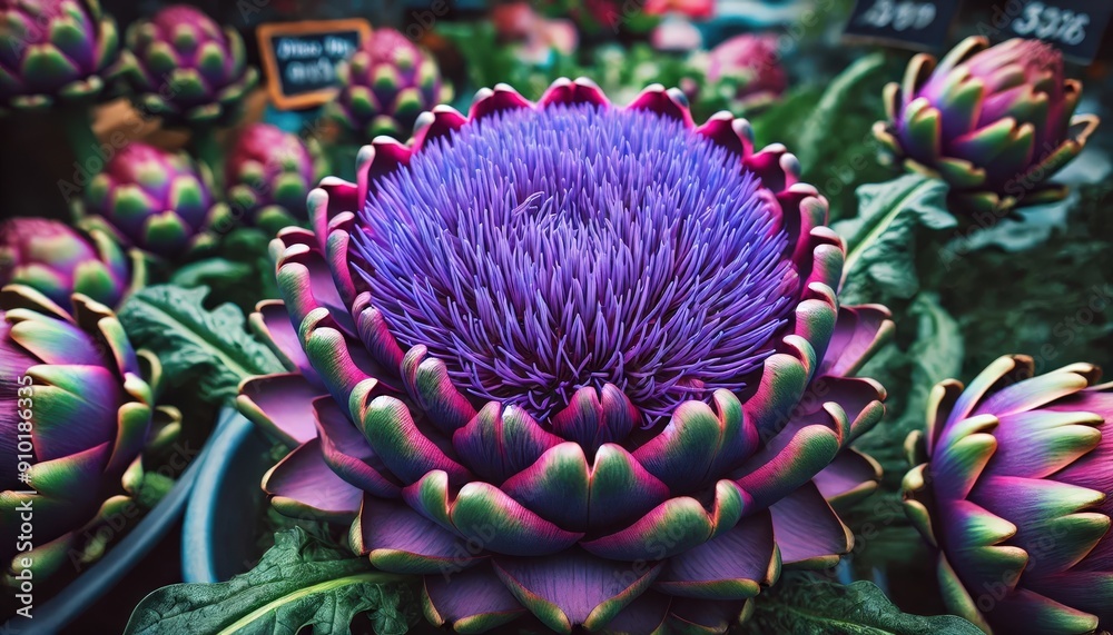 Canvas Prints Bright purple artichokes flourish in a garden, showcasing intricate details and vibrant hues under natural light