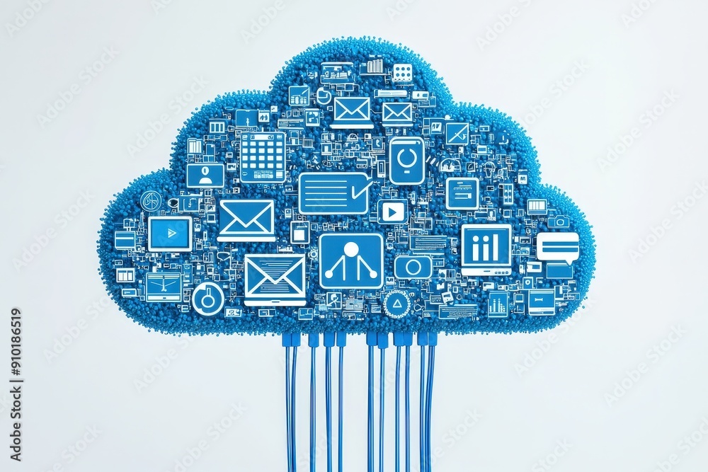 Aufkleber A blue cloud shape filled with various technology icons representing cloud computing and digital communication