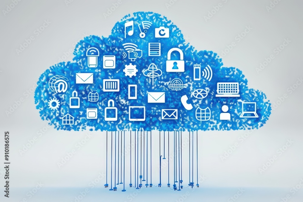 Poster a cloud filled with technology icons illustrating online services, data security, and communication 
