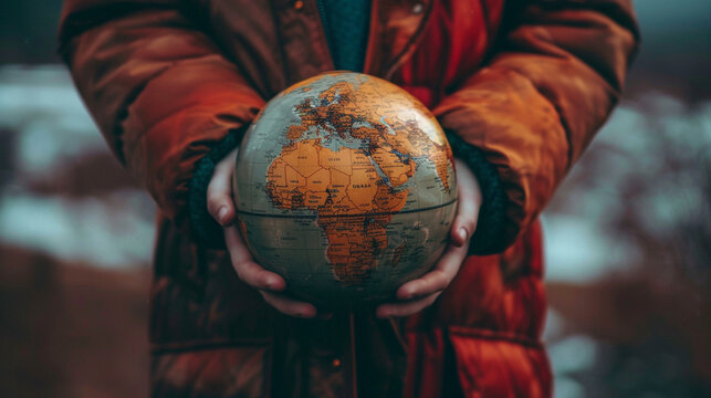 Close-up of a person holding a globe, symbolizing global awareness and detailed globe textures