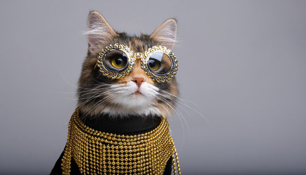 A cute cat wearing gold and black dress with beads, glasses, looking away, funny kitten