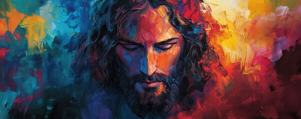 Vibrant Abstract Portrait of Jesus Christ with Intense Expression