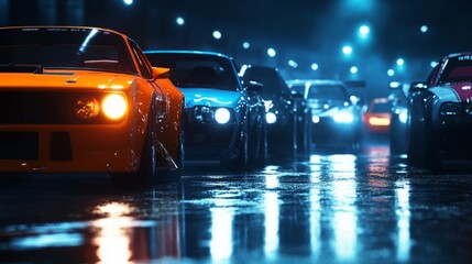 A lineup of modified cars shines under neon lights, reflecting on wet pavement during a vibrant night.