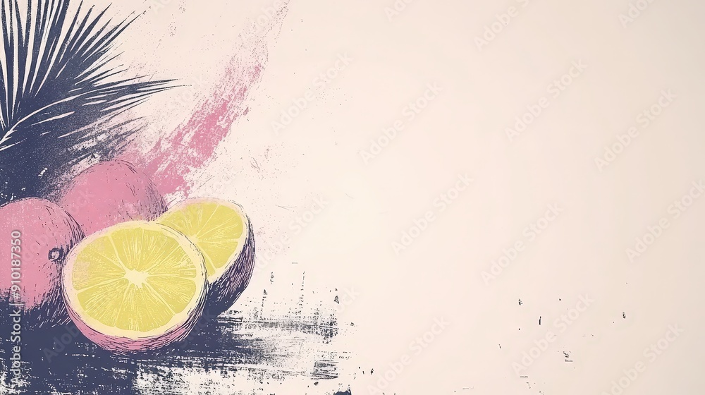 Poster a colorful display featuring sliced lemon and whole passion fruits with tropical foliage in a minima
