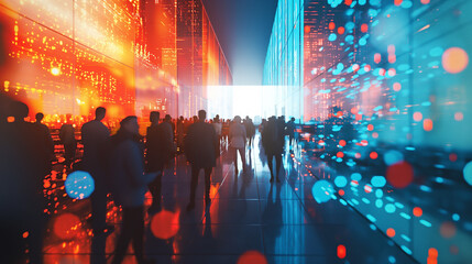 A vibrant 3D startup pitch event with entrepreneurs and investors