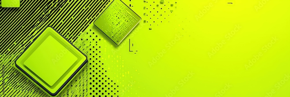 Poster Bright green backdrop accented by various geometric shapes, creating an eye-catching visual display with a modern aesthetic