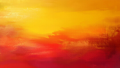 Abstract red and yellow gradient with halftone dots and distressed grunge texture. Hand painted...