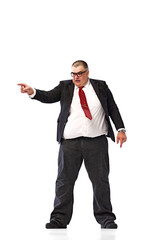 Full-length of serious businessman in formal wear and glasses, pointing with finger, giving orders to colleagues isolated on white background. Concept of business, management, achievement