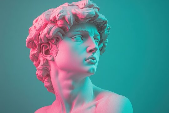 A modern artistic rendition of the iconic David sculpture showcases vibrant colors and intricate details, captivating viewers in an art gallery setting